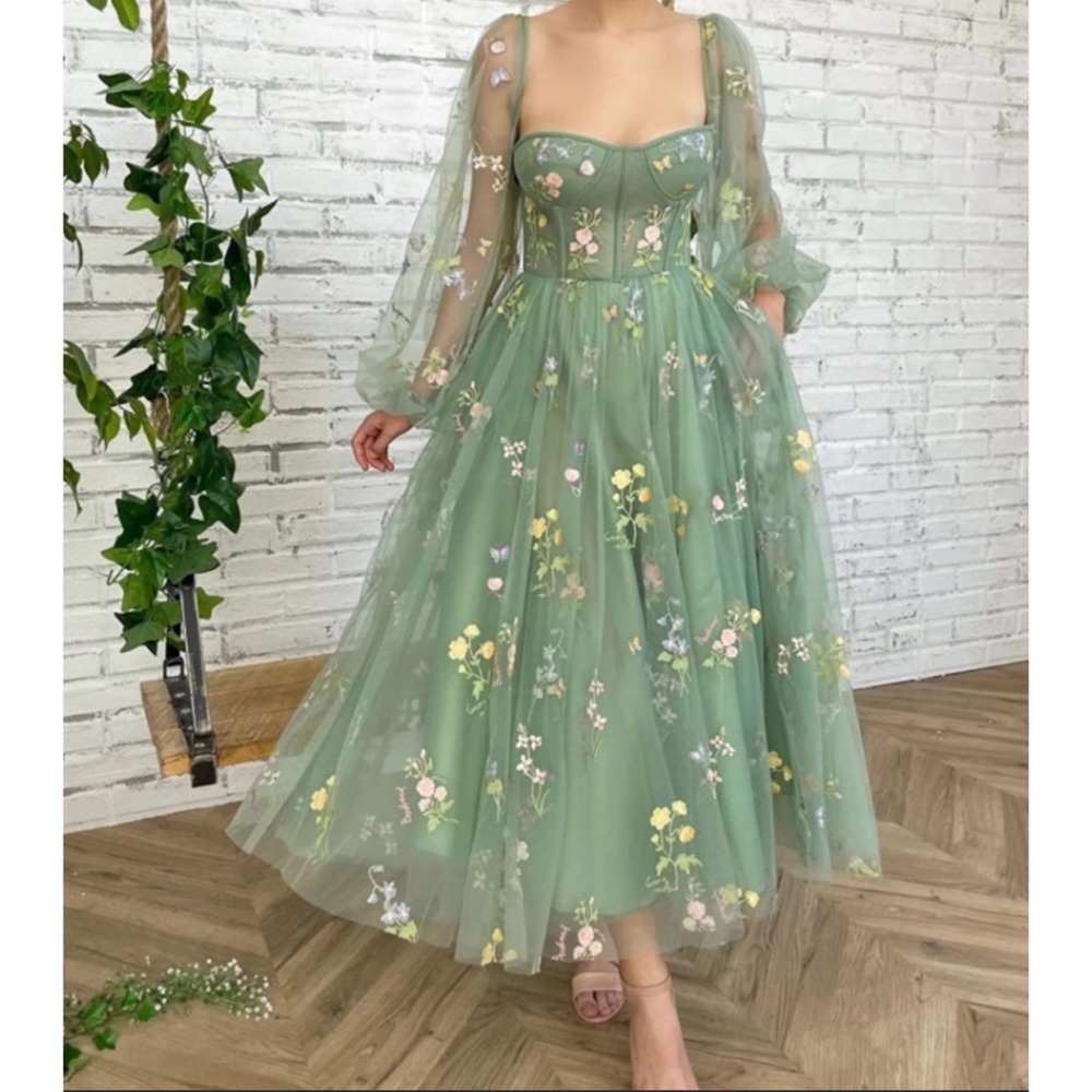 Women's Puffy Sleeve Prom Dresses Flower Embroidery Tulle - Picture 3 of 6